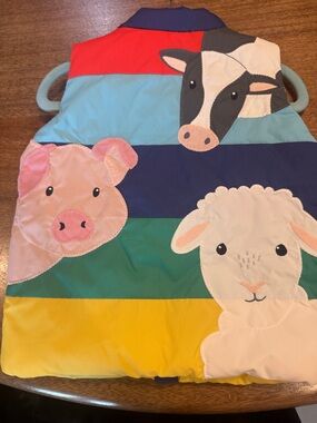 Baby Boden Colorful Farm Animal Kids Puffer Vest Cow, Pig, Lamb Appliqué on back